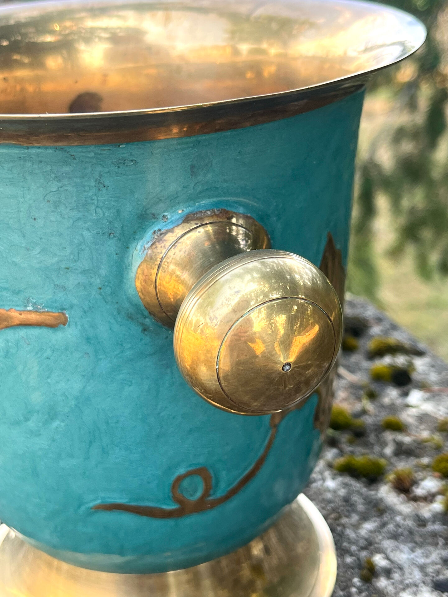 Vintage cloisonne brass champagne bucket with turquoise grape design