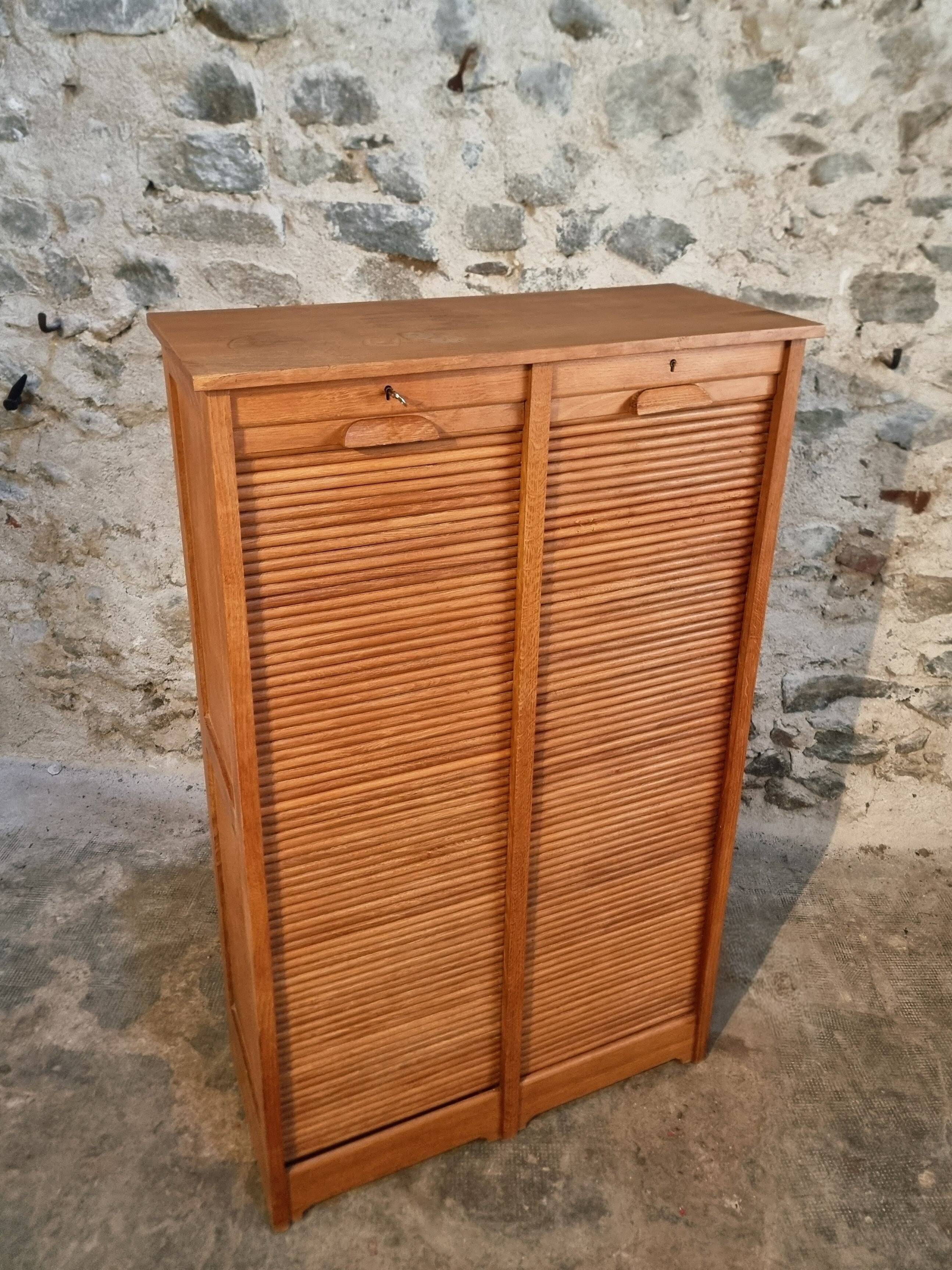 Armoire à rideaux vintage en chêne français – années 1960 – rangement de bureau avec étagères réglables