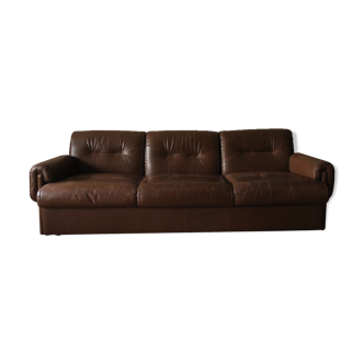 Mid century stitched profile brown leather 3 seater sofa 1970