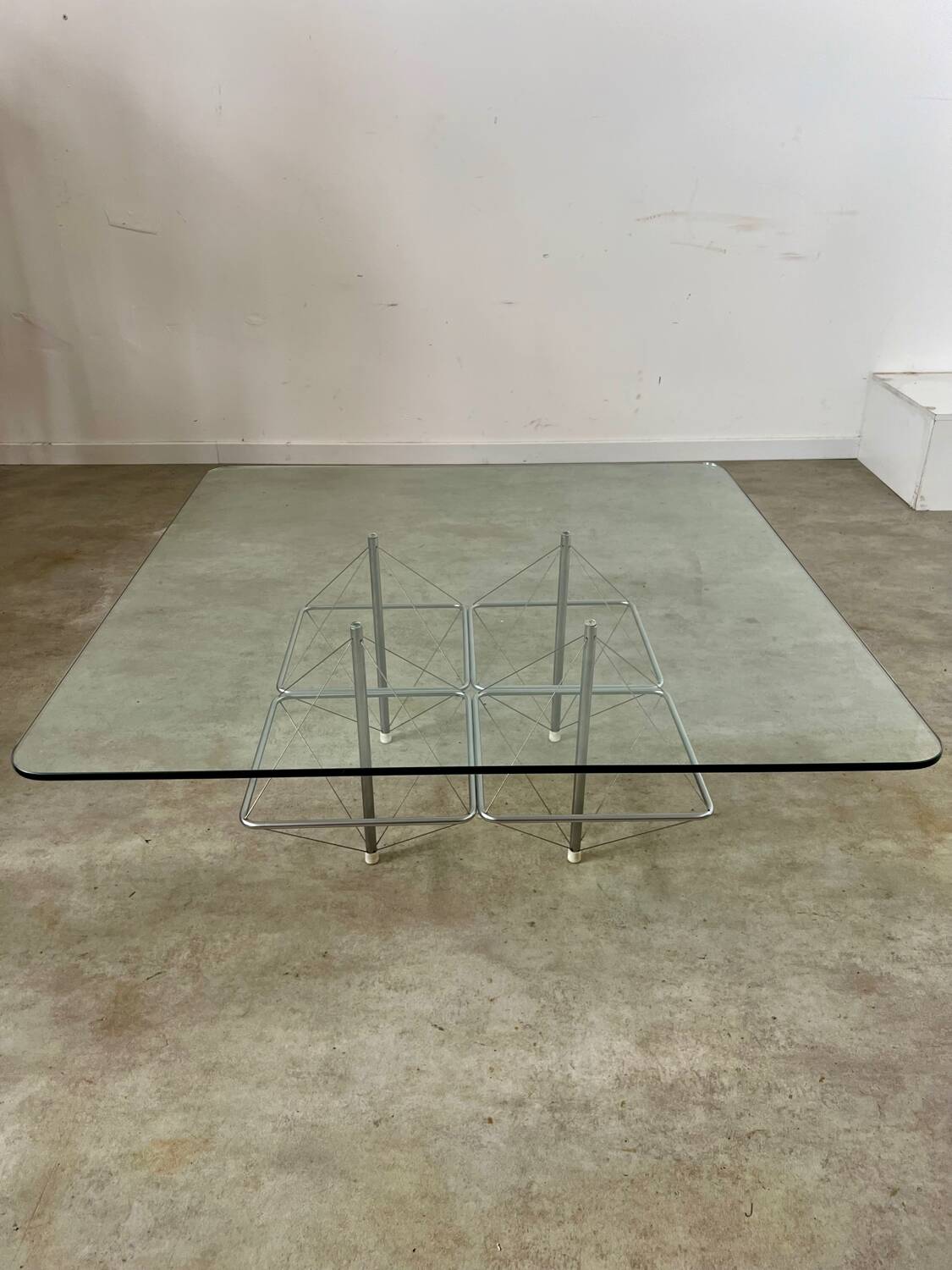 Old Italian design architectural coffee table from the 70s vintage glass and metal
