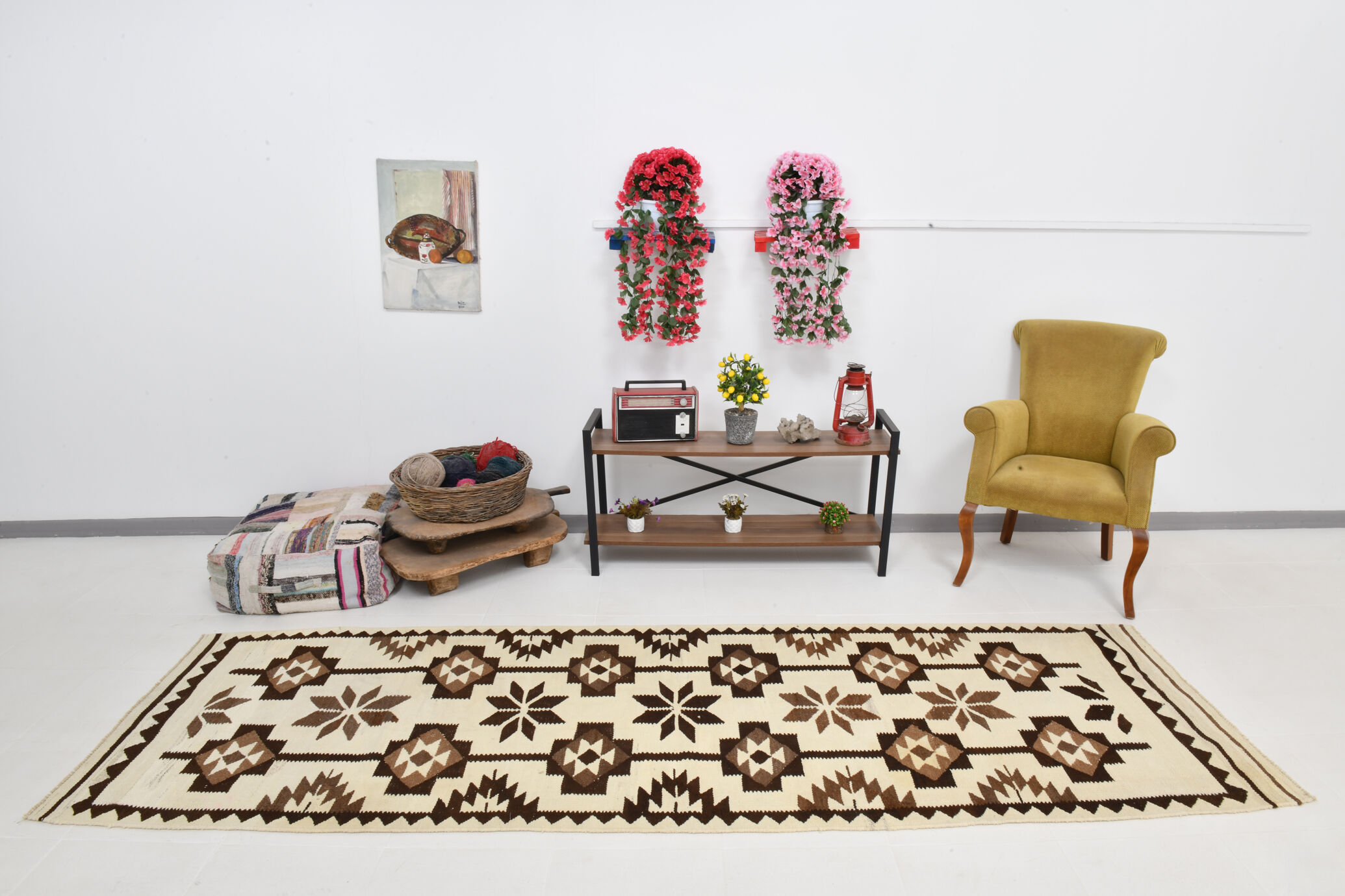 Geometric kilim runner rug,107x325cm