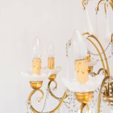 Large golden Italian chandelier with white opaline drops.