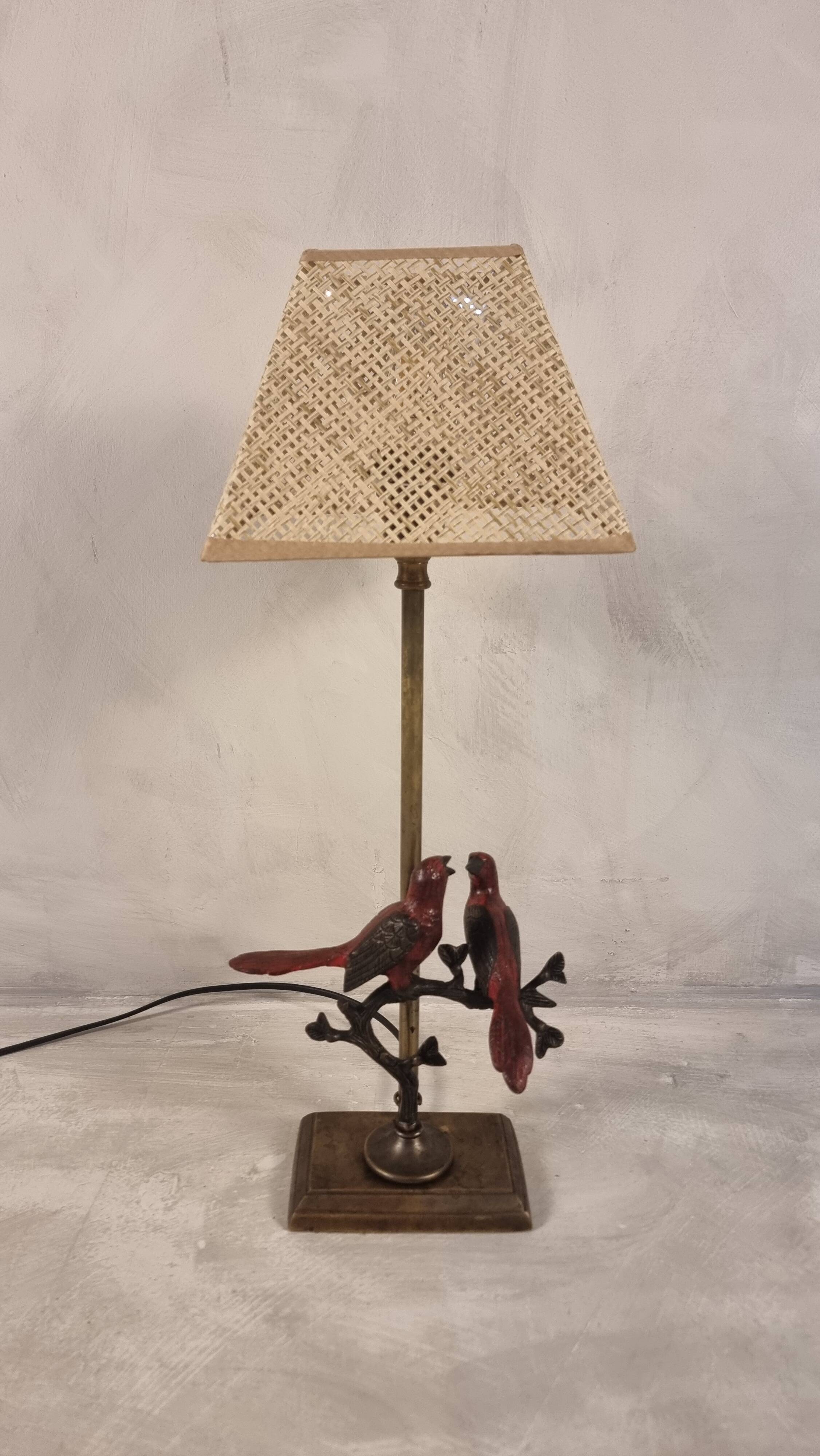 Vintage Bronze Metal Cardinal Birds On Branches Table Lamp