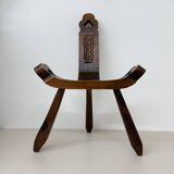 Brutalist hand carved oak Spanish tripod chair , 1970s