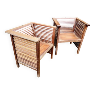2 garden armchairs in teak