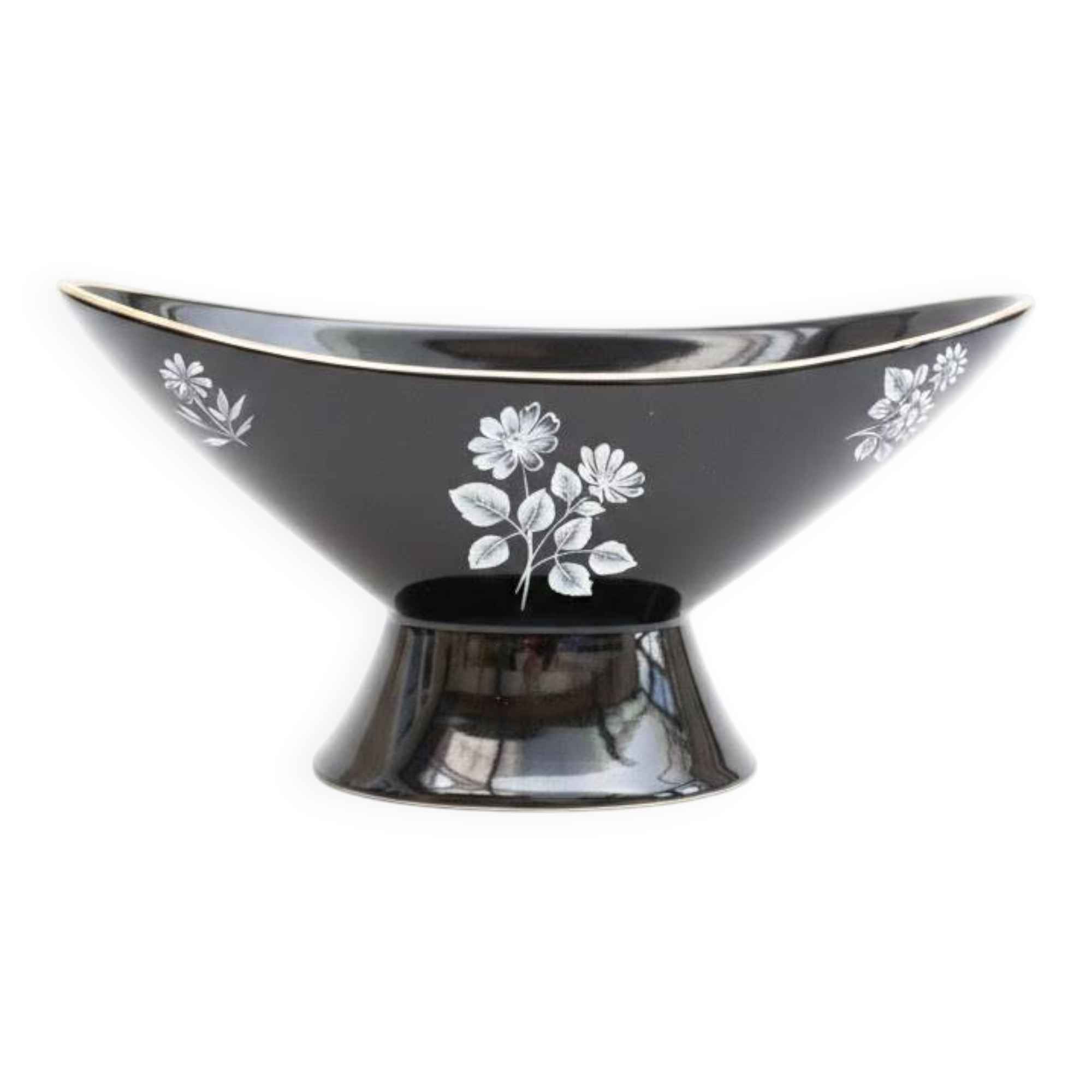 Vintage Wade Black boat vase with floral pattern and metal stand