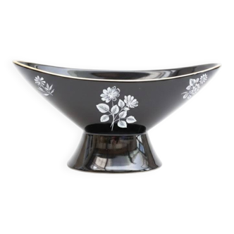 Vintage Wade Black boat vase with floral pattern and metal stand