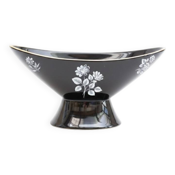 Vintage Wade Black boat vase with floral pattern and metal stand