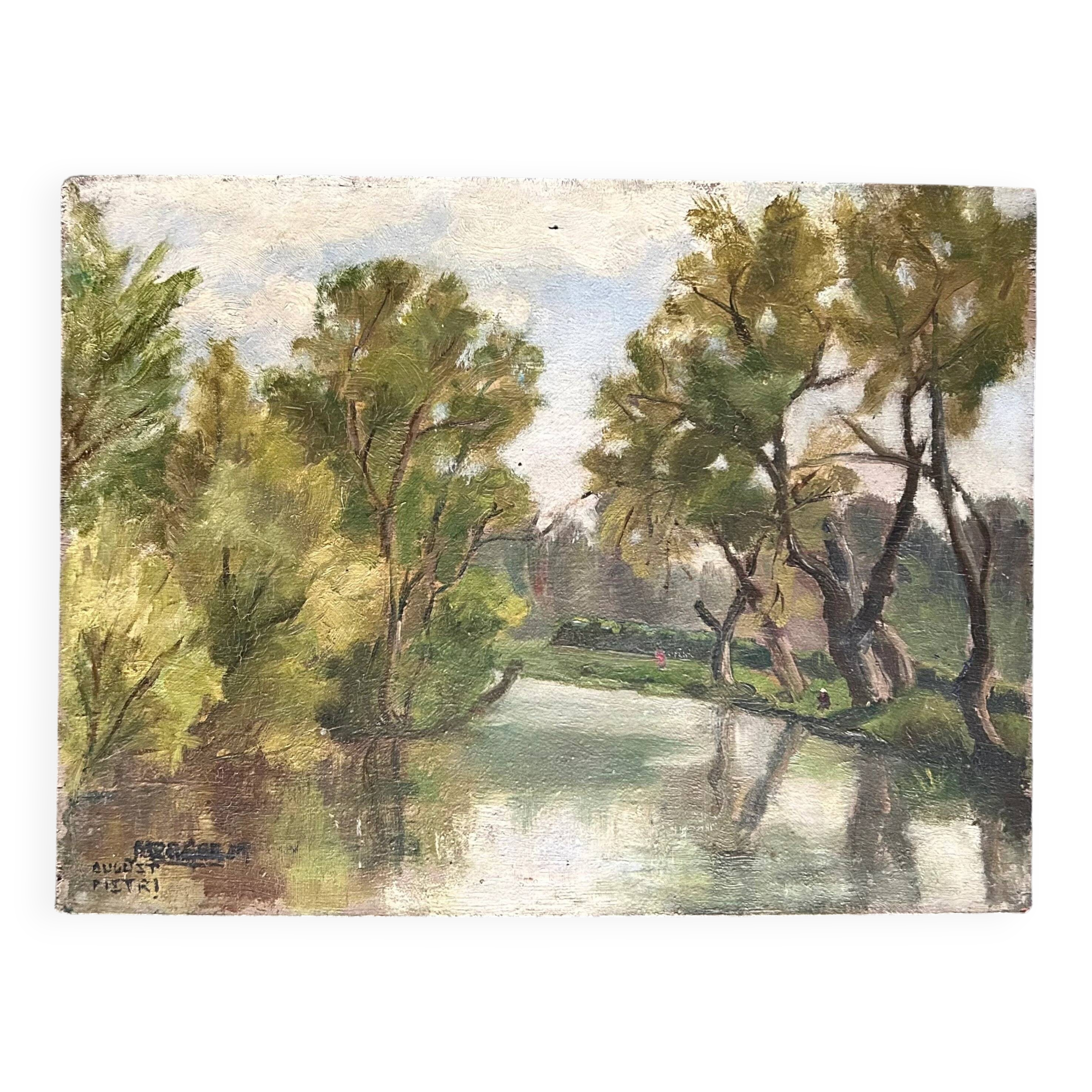 Vintage Landscape Oil Painting with Trees and Lake