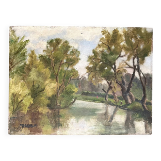 Vintage Landscape Oil Painting with Trees and Lake
