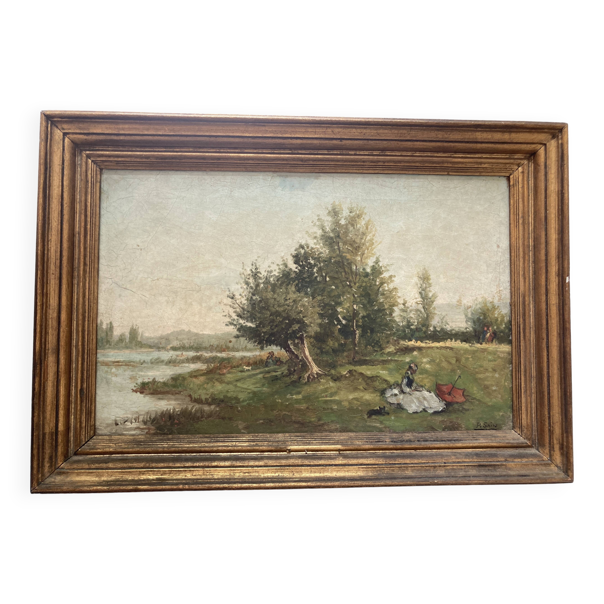 Old painting - animated scene: Elegant women on the river bank - post impressionist