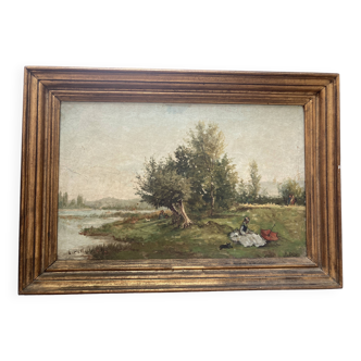 Old painting - animated scene: Elegant women on the river bank - post impressionist