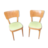 Paire de chaises Baumann en bois et skaÏ jaune vintage