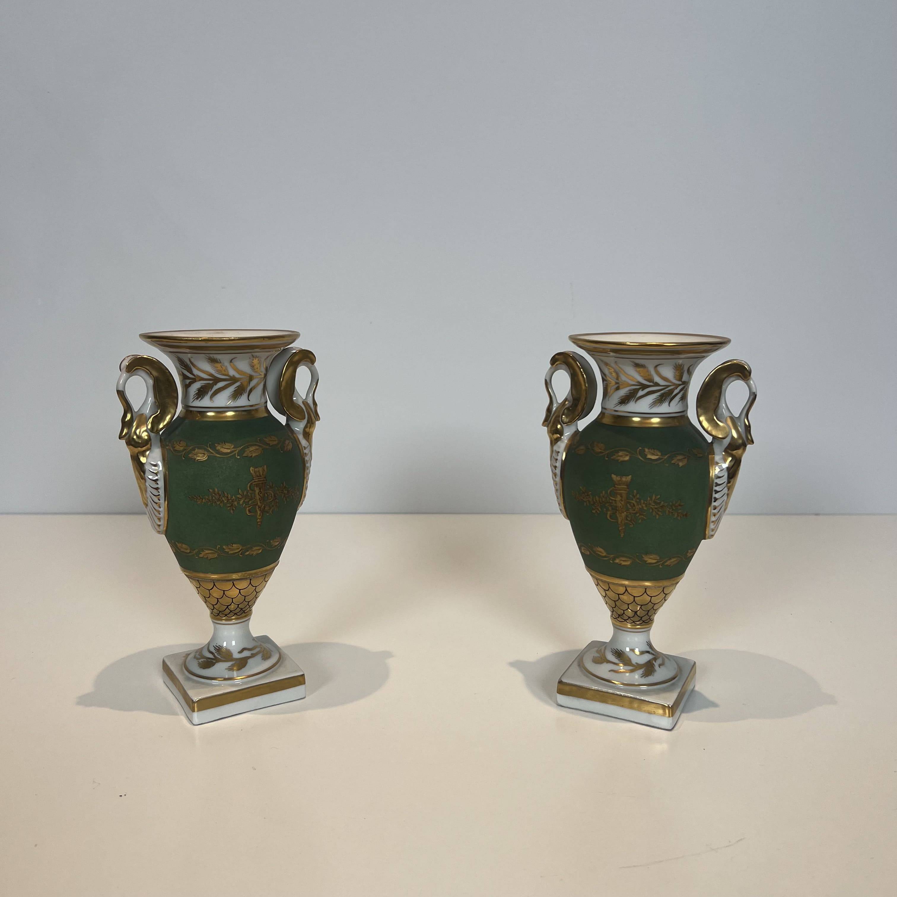 Pair of Empire Style Porcelain Vases, Decorated with Swans and Bundles