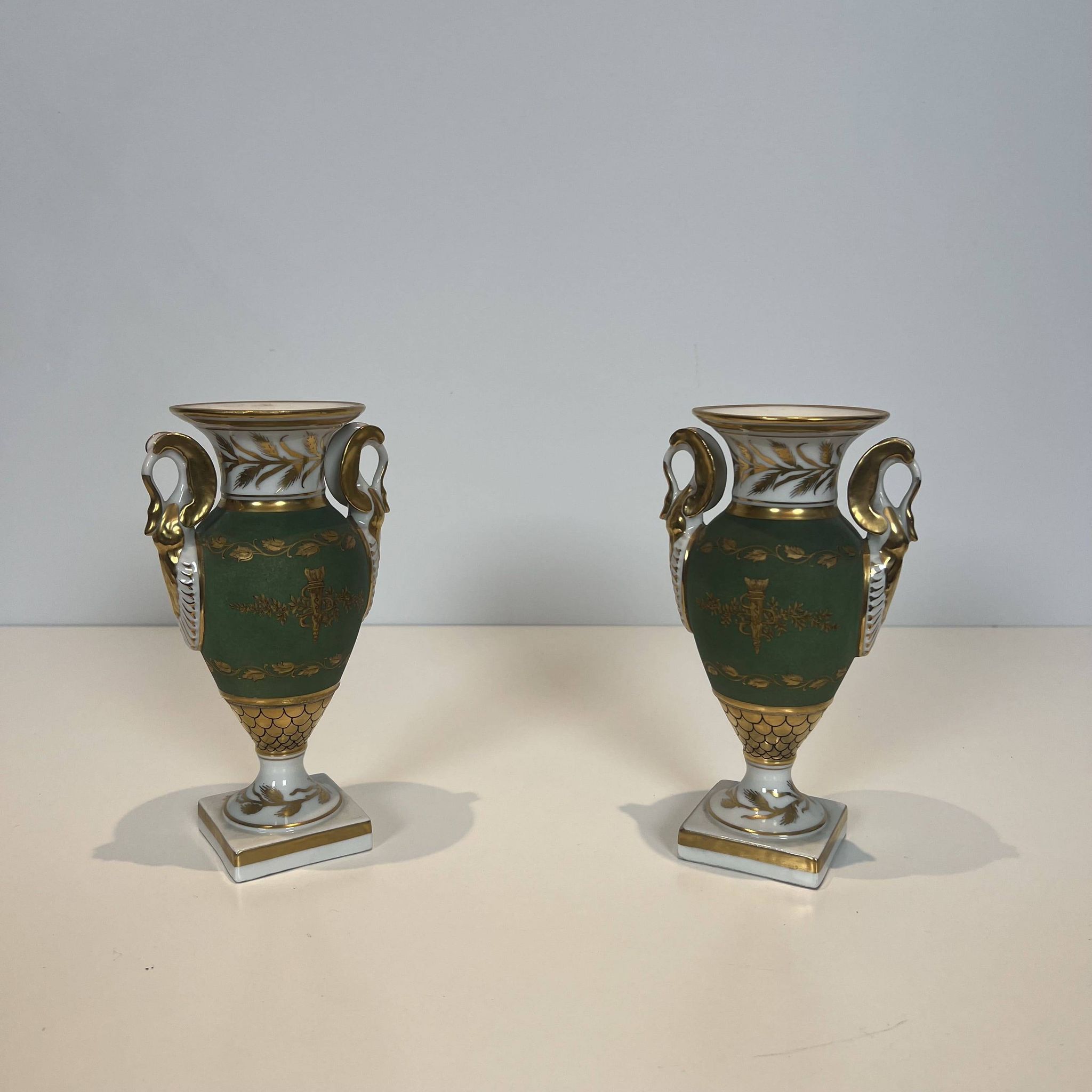 Pair of Empire Style Porcelain Vases, Decorated with Swans and Bundles