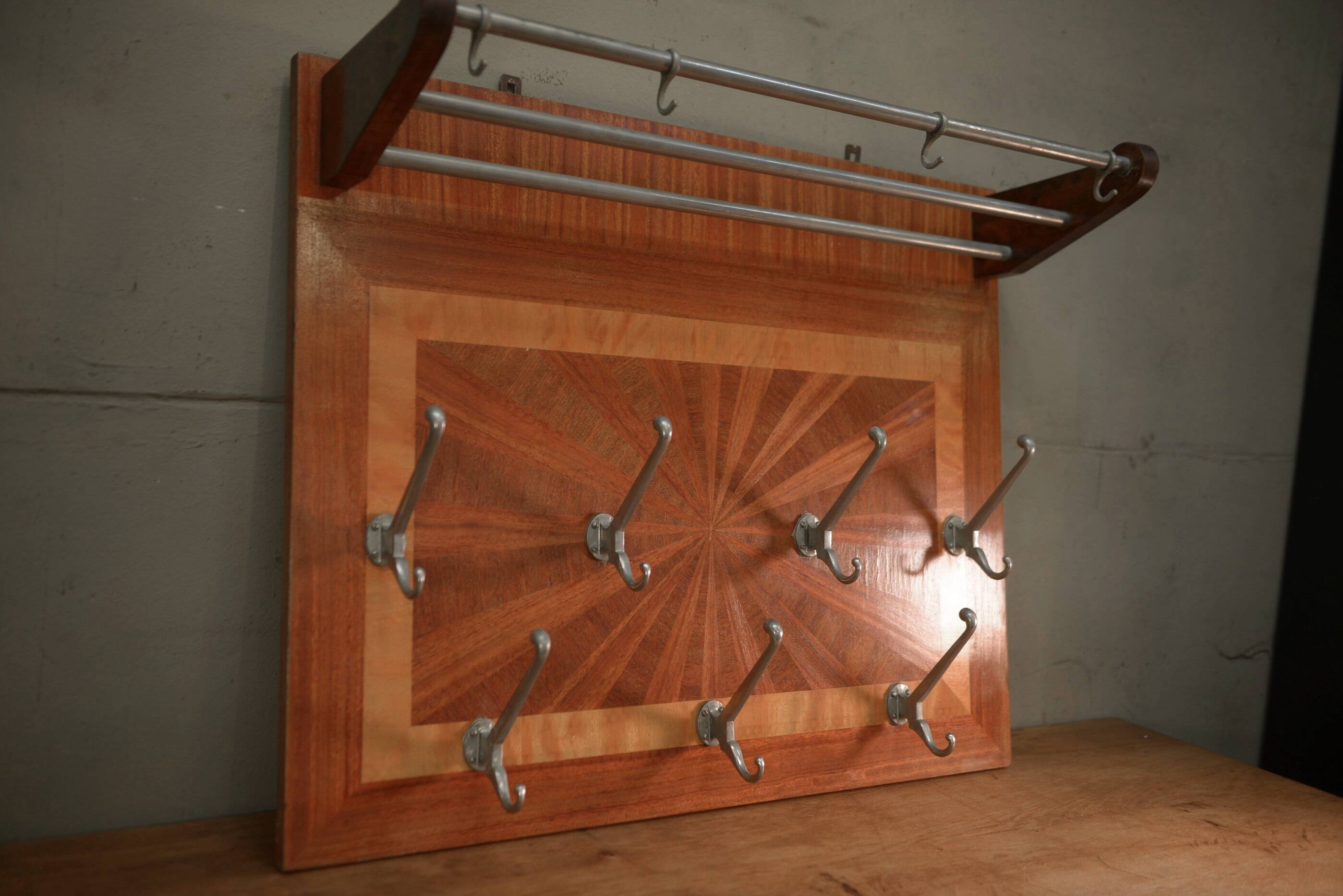 Art Deco marquetry and aluminum wall coat rack