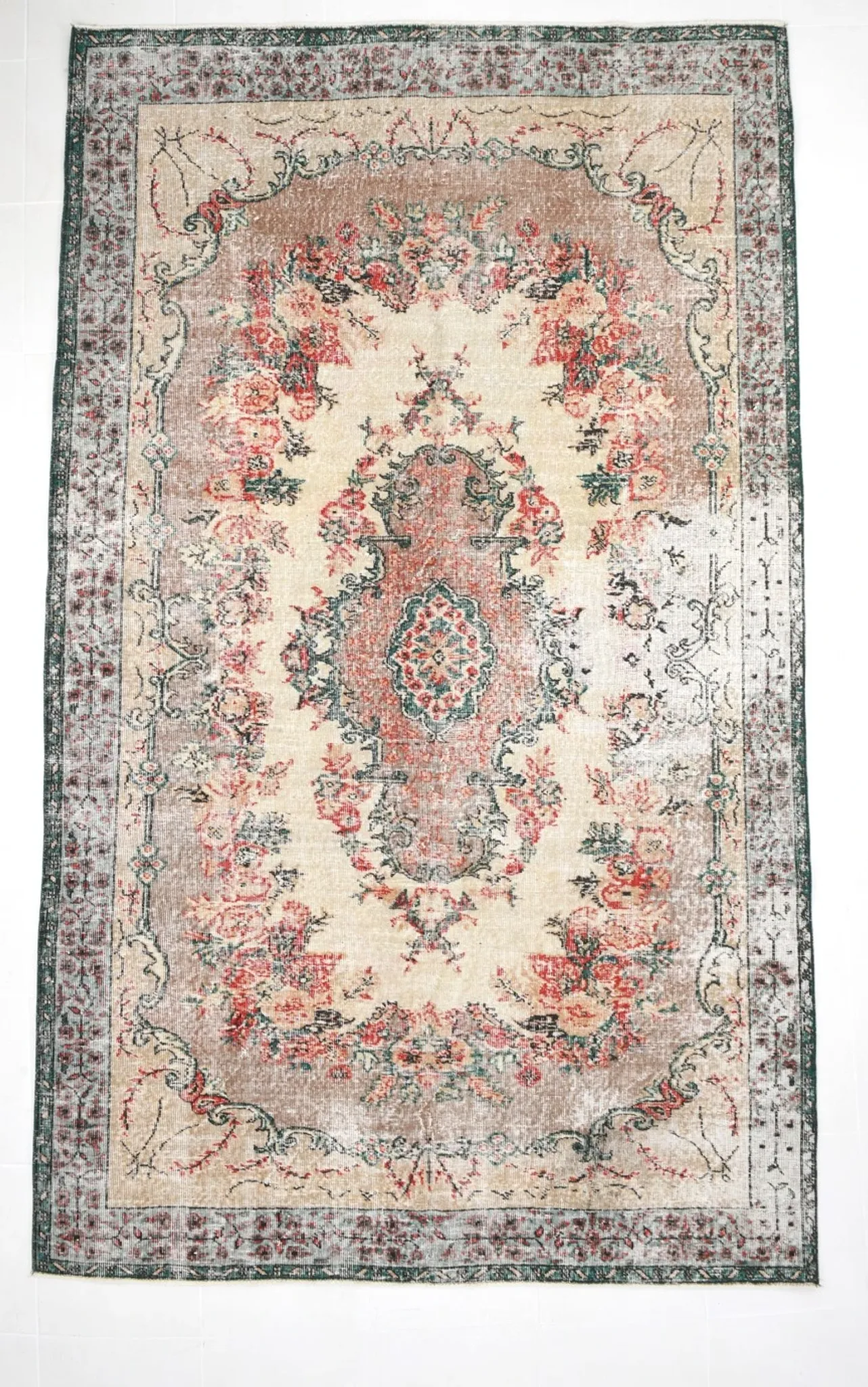 Dusty Red & Green Turkish Vintage Rug, Persian Style Oriental Carpet,
