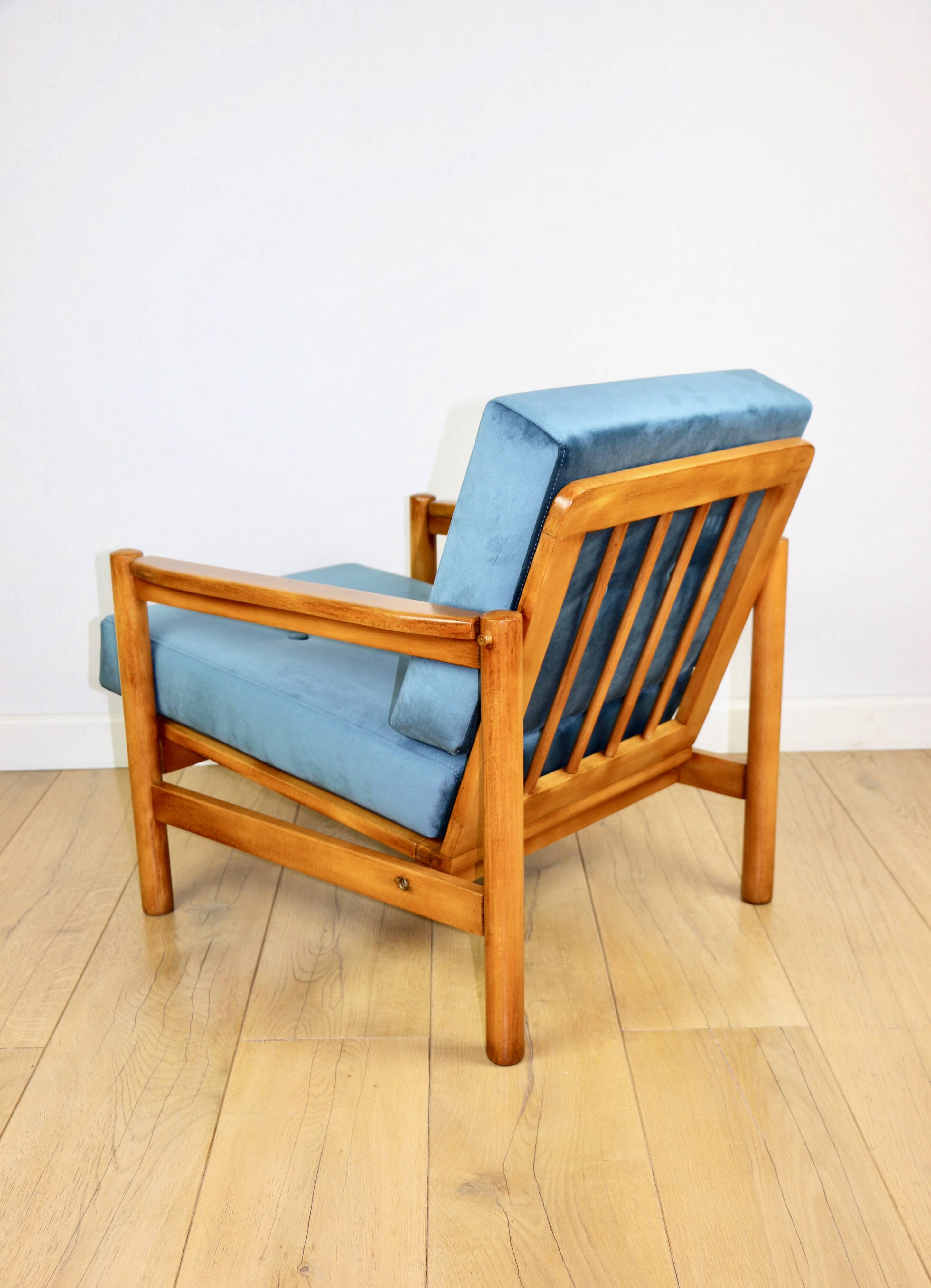 Wooden vintage armchair brown sea blue design by Z. Bączyk - light wood
