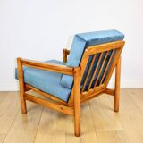 Wooden vintage armchair brown sea blue design by Z. Bączyk - light wood