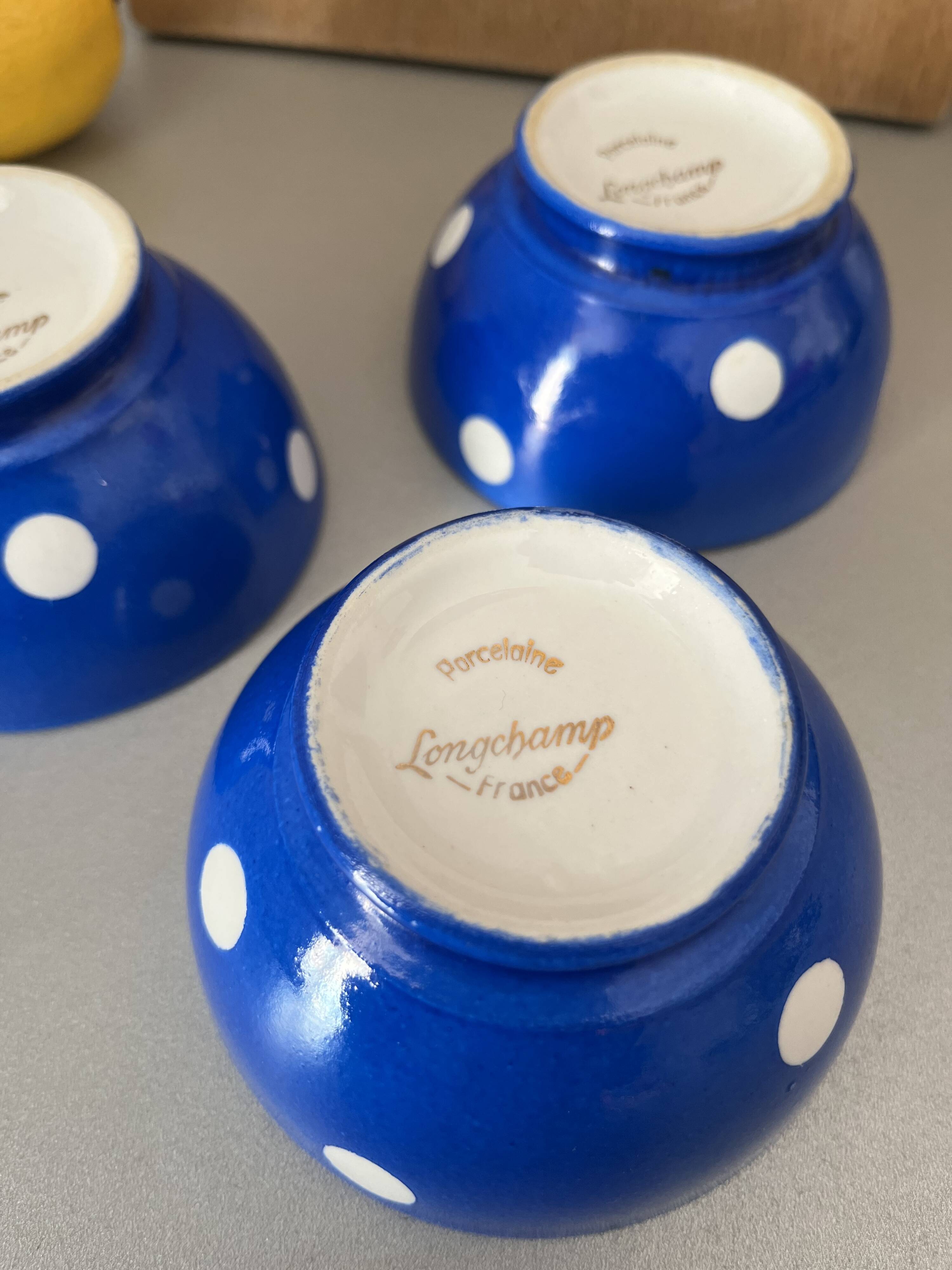 Old Longchamp porcelain bowls with blue dots