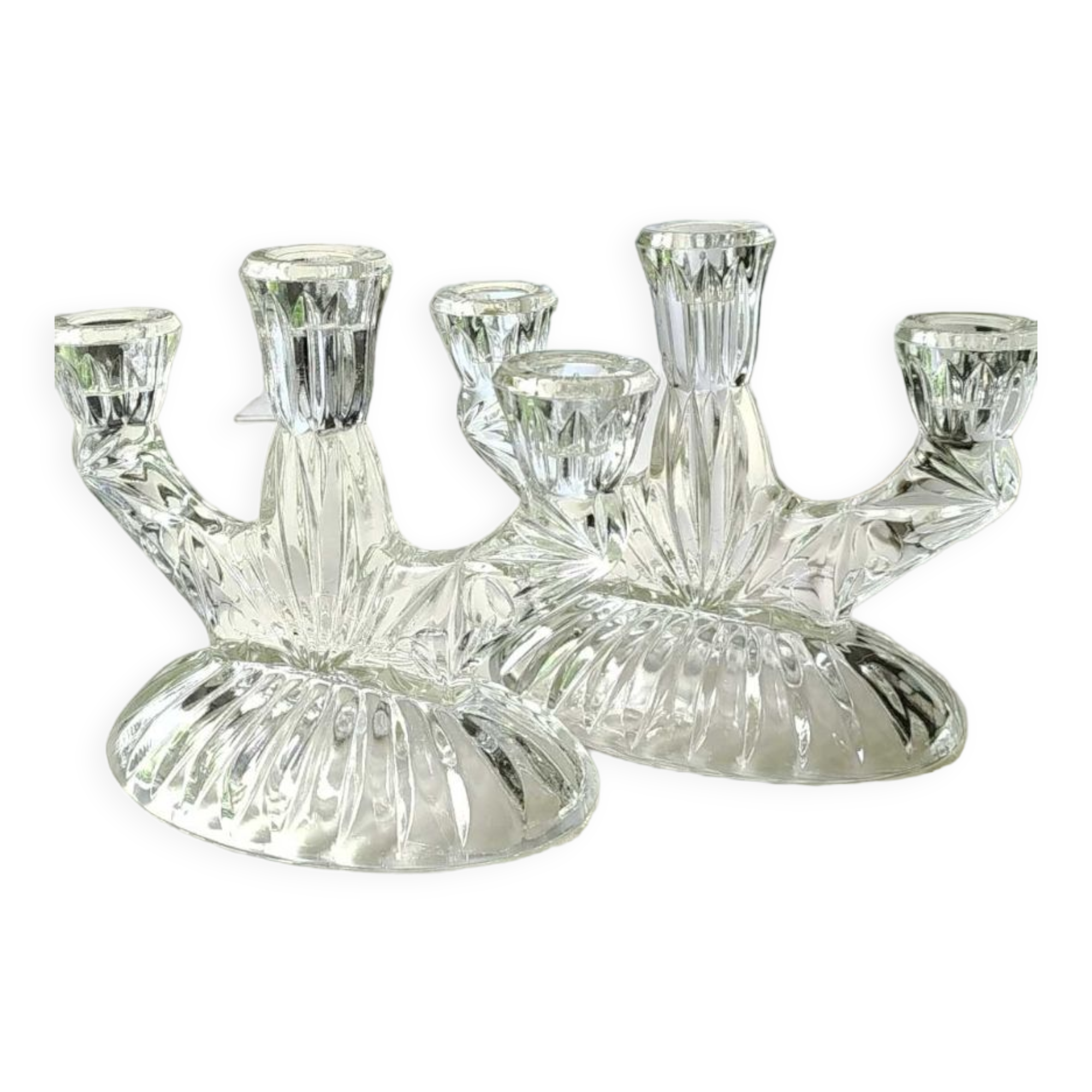 Pair of 3-spoke candlesticks, in art glass. Oberglas Austria. 50s
