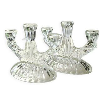 Pair of 3-spoke candlesticks, in art glass. Oberglas Austria. 50s