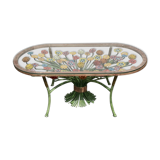 Table basse en fer forgé en fleurs colorées