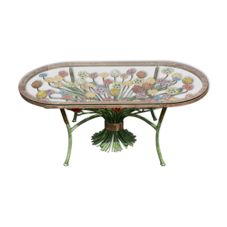 Table basse en fer forgé en fleurs colorées
