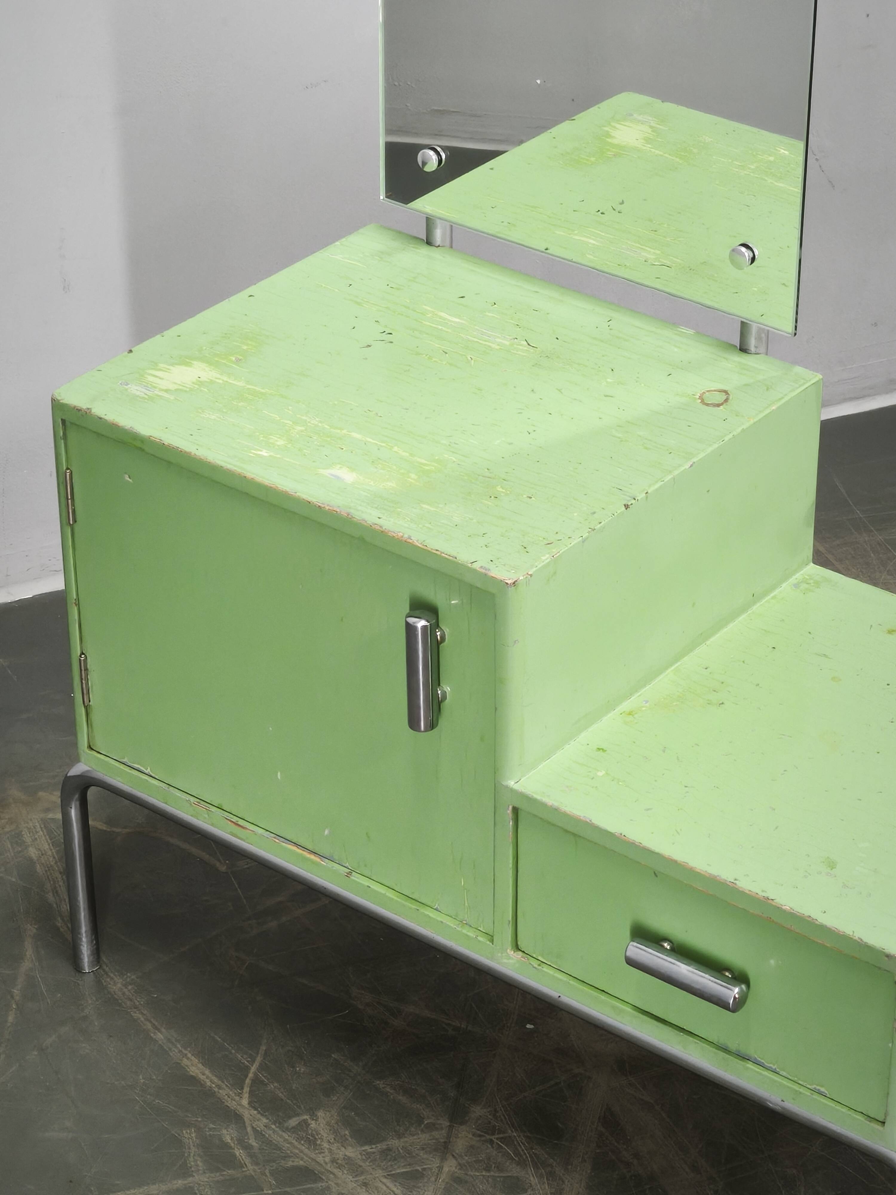 Bauhaus Czech Green Vanity Table with Mirror and Chrome Frame, 1930s