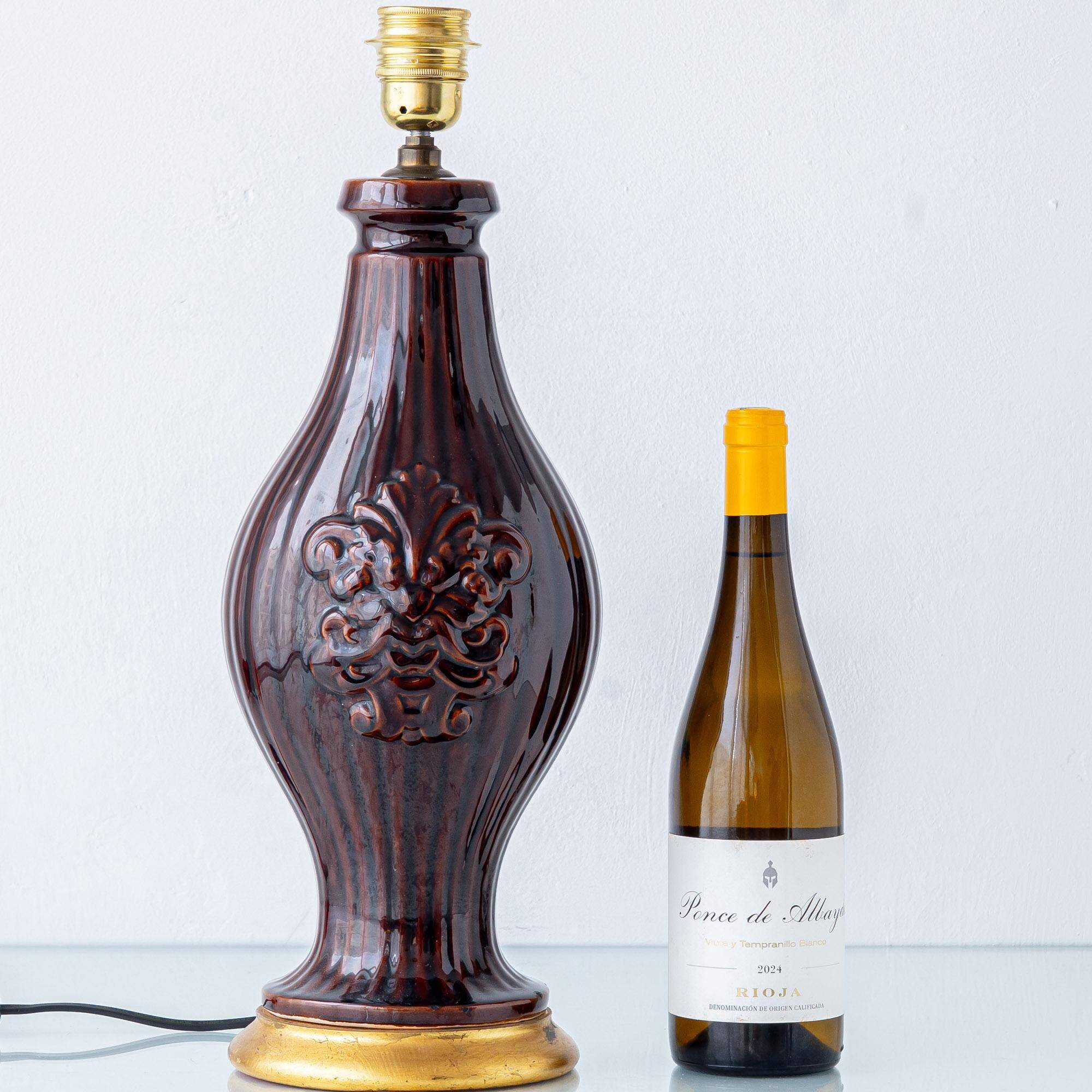 Chocolate glazed ceramic table lamp from Manises, Spain, 1960s with a new silk shade.