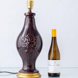 Chocolate glazed ceramic table lamp from Manises, Spain, 1960s with a new silk shade.