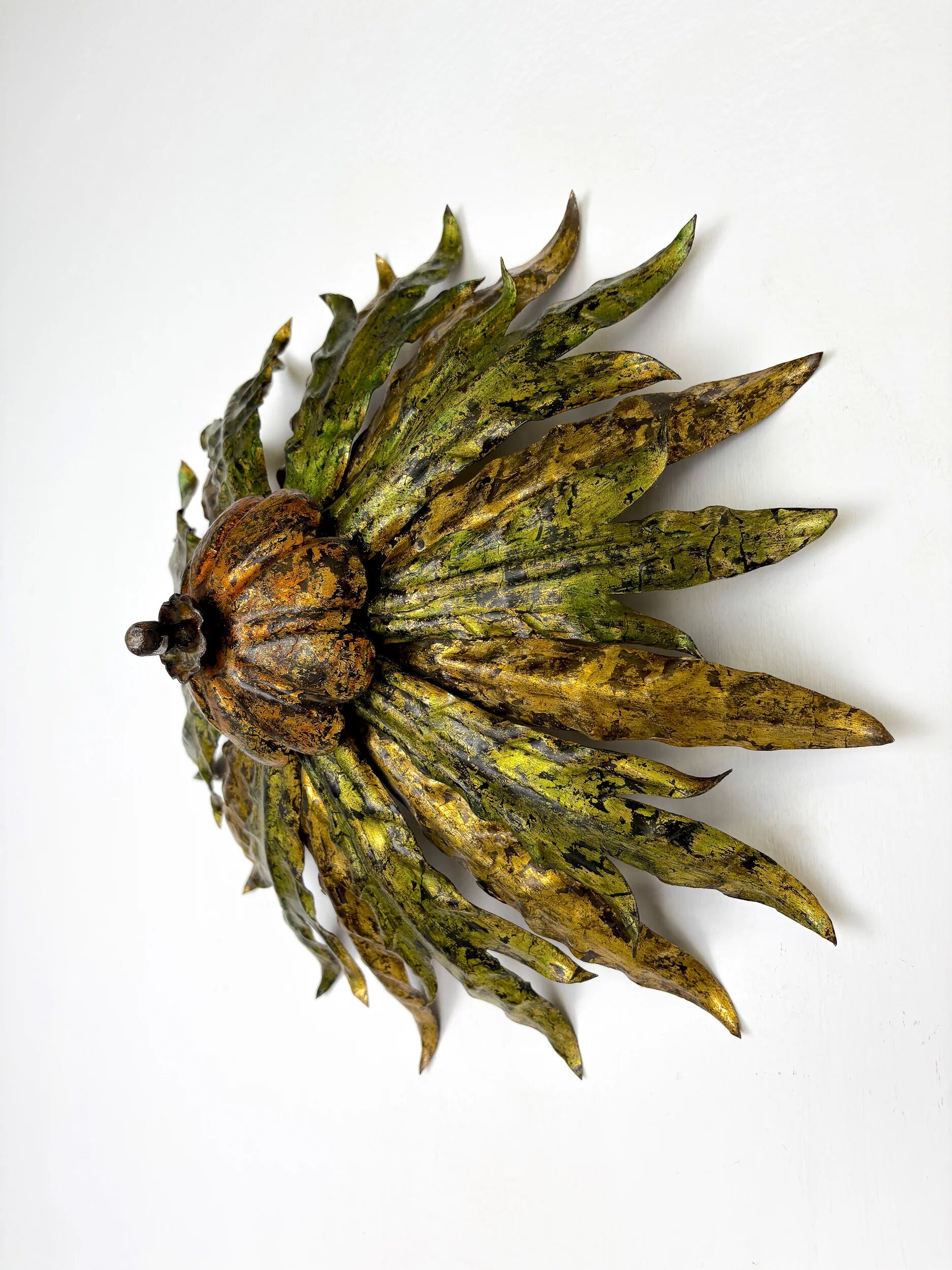 Mid-century Spanish sunburst foliage ceiling light fixture or sconce, green and gilt iron, 1950s