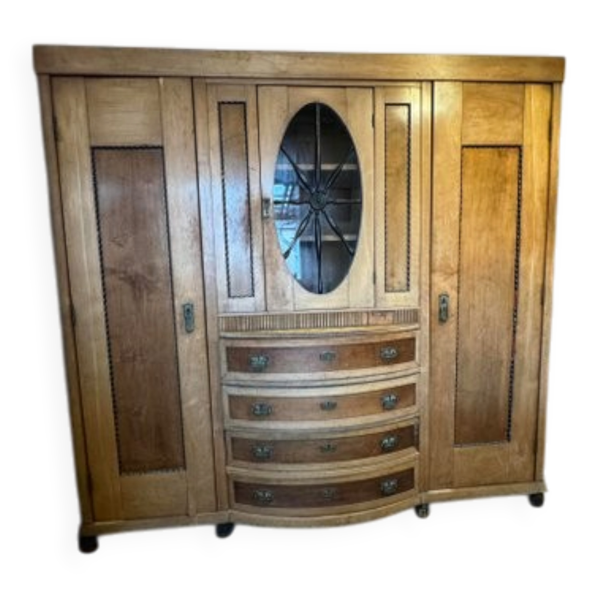 Art Deco Wooden Cabinet with Oval Glass Window and Drawers, 1930s