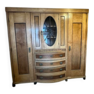 Art Deco Wooden Cabinet with Oval Glass Window and Drawers, 1930s