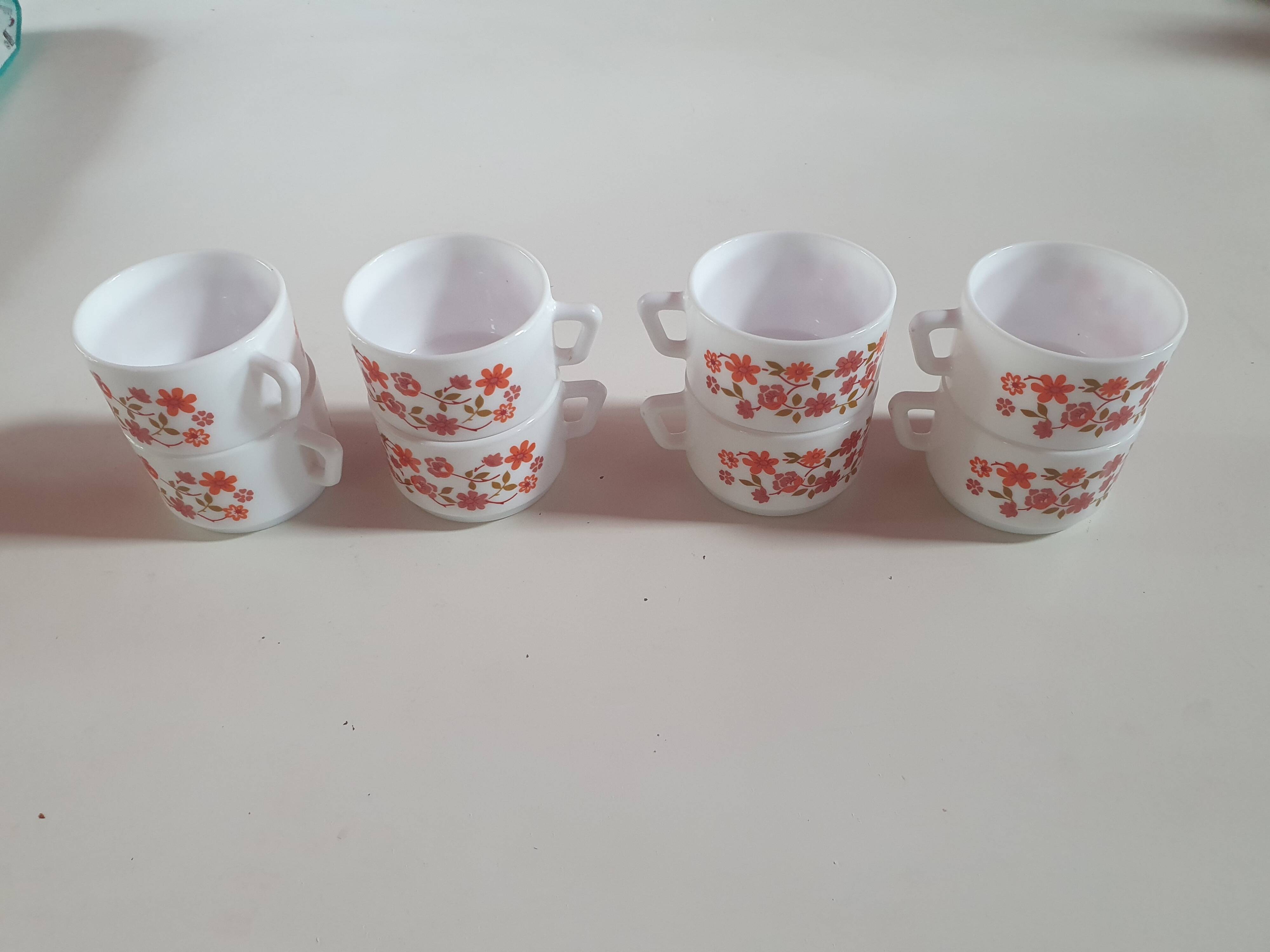 set of 8 small vintage Arcopal Scania cups with small orange liberty flowers from the 70s