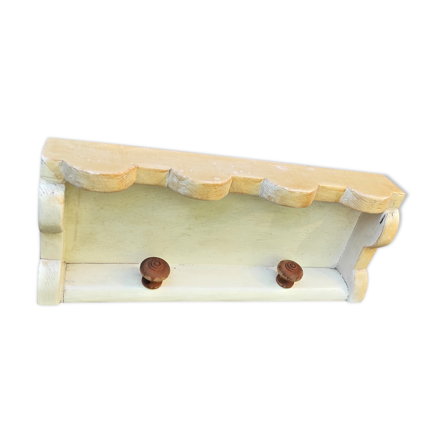 wooden wall shelf with two tea towel hangs