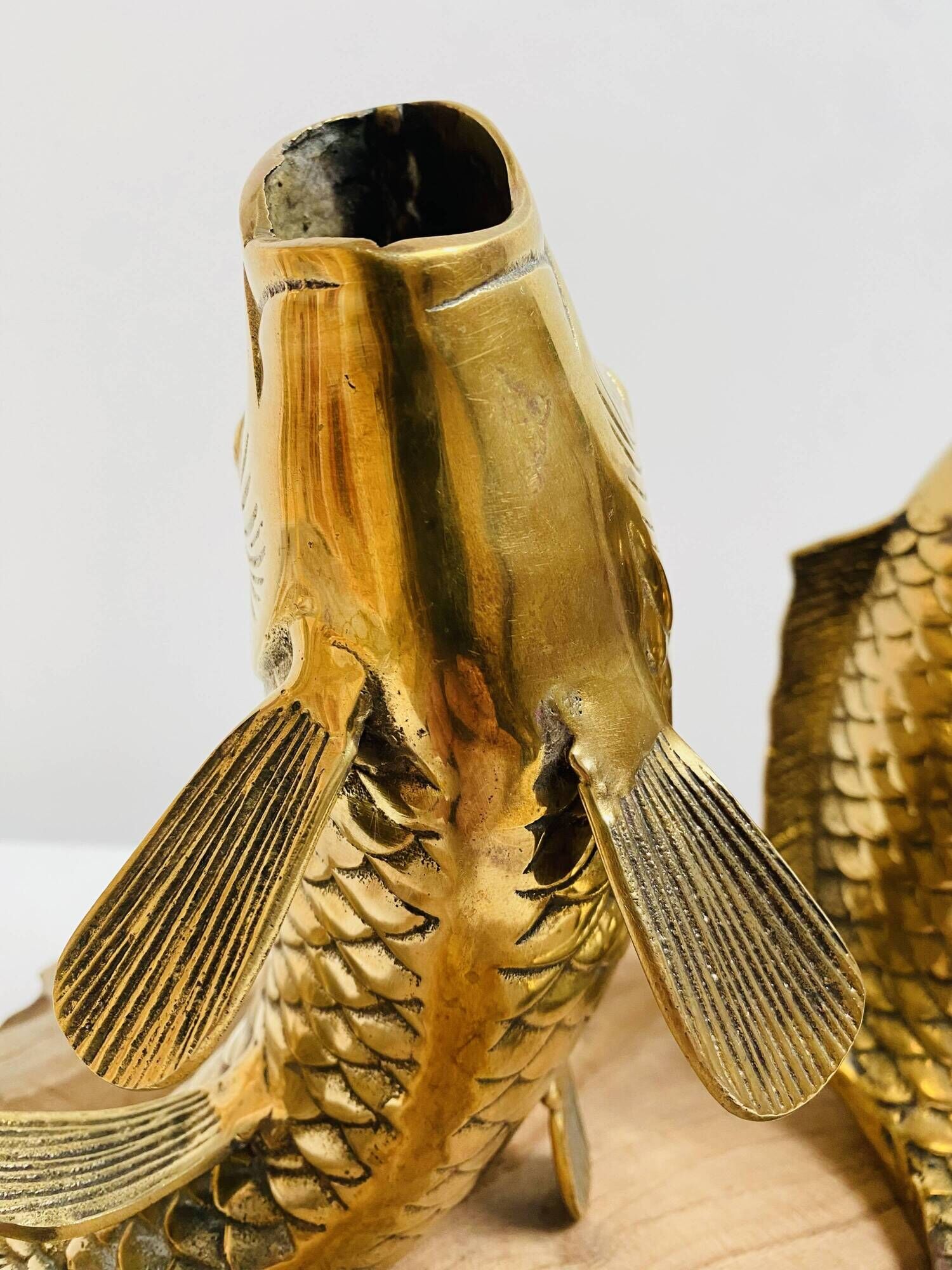 Pair of koi carp vases in brass, animal sculpture