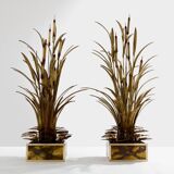 Pair of Maison Jansen brass floor lamps with reeds and water lilies, 1970s