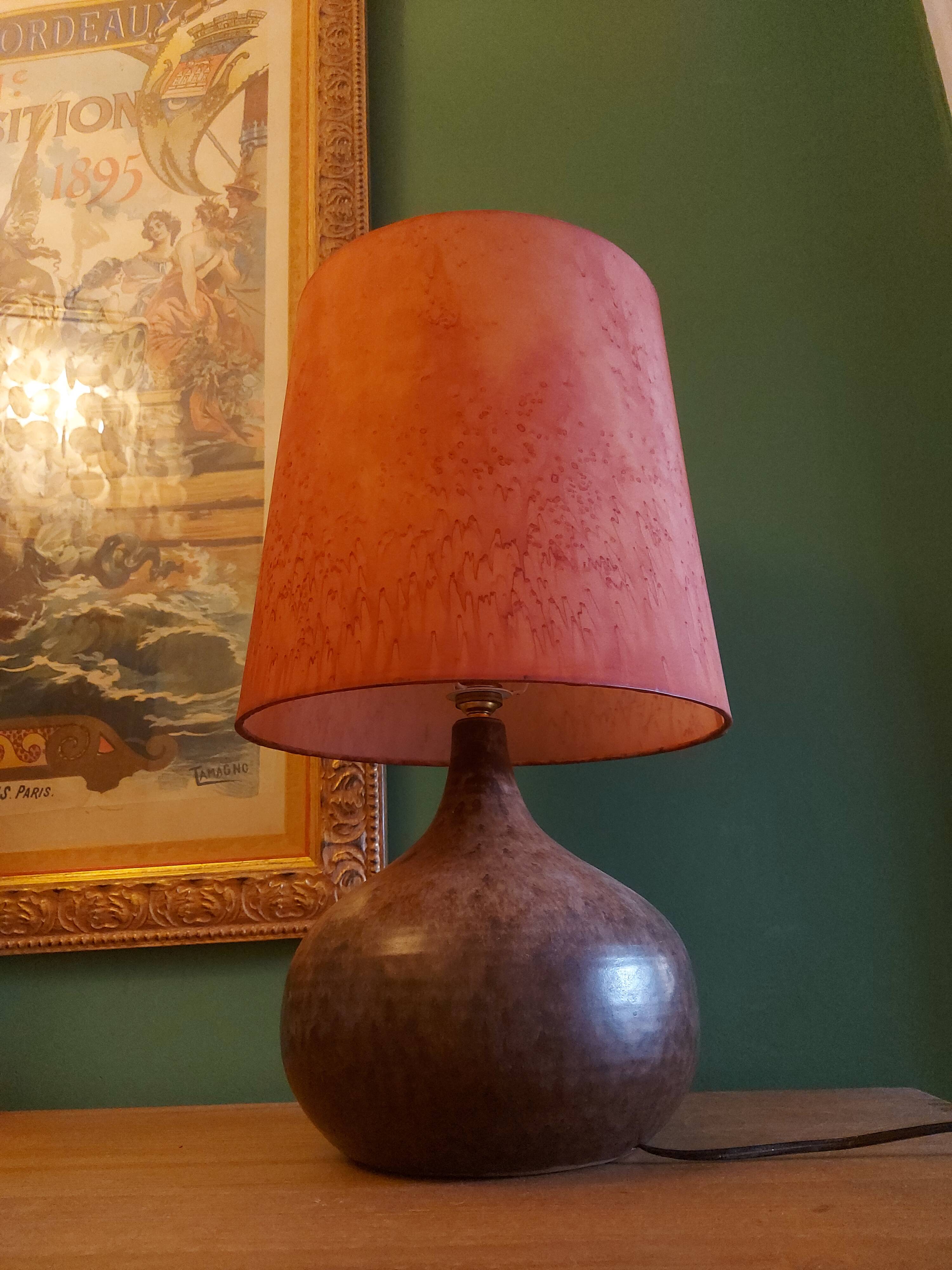 Ceramic (sandstone) lamp from the 50s, 60'S with silk lampshade