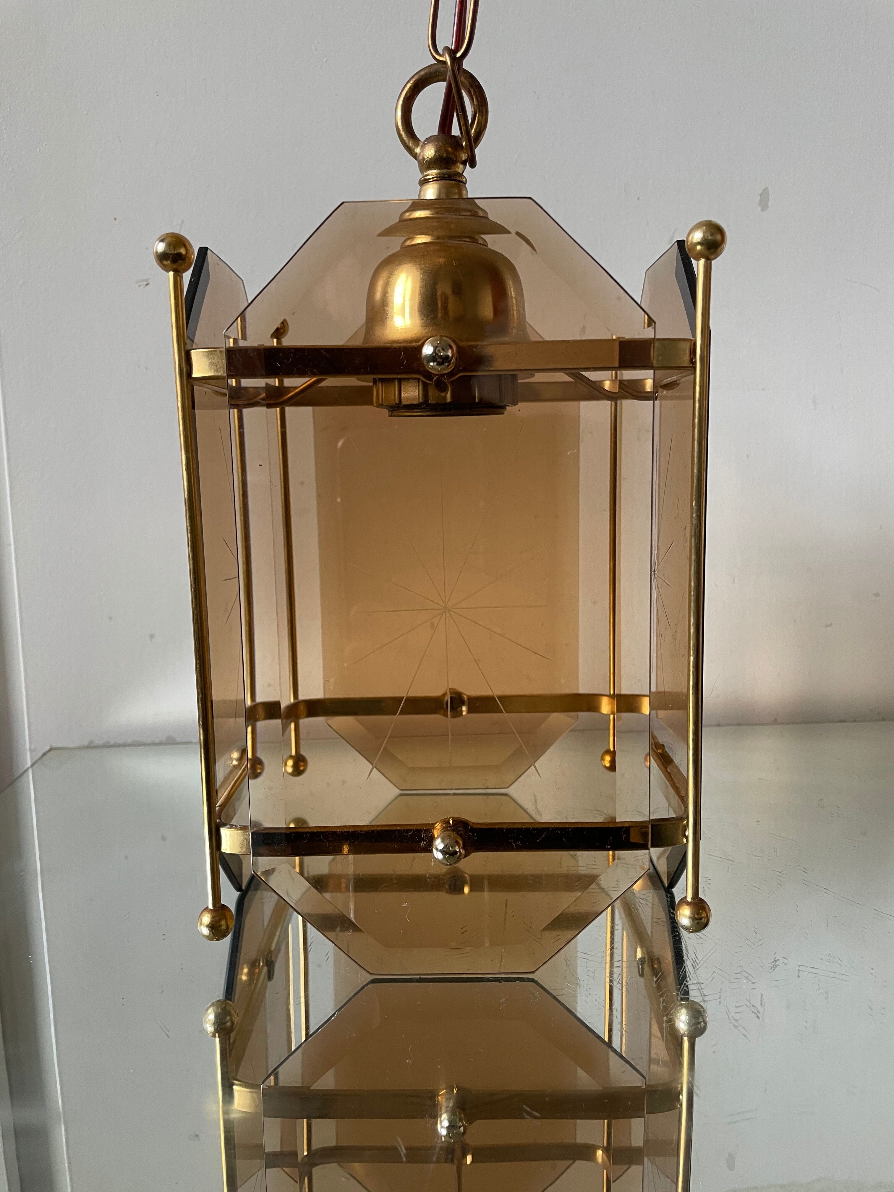 Scandinavian vintage lamp in brass & amber colored glass