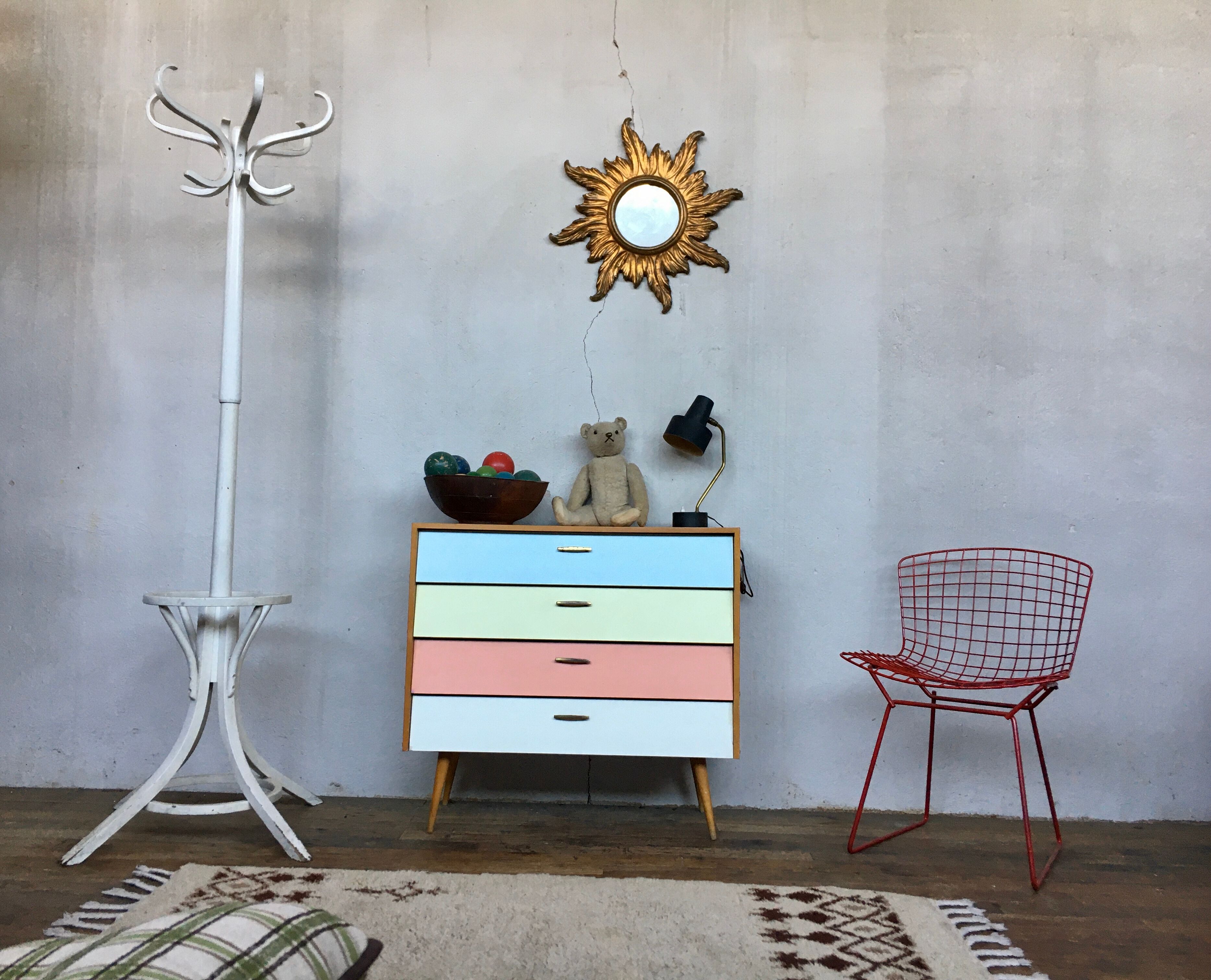 50s color formica shoe cabinet with compass feet