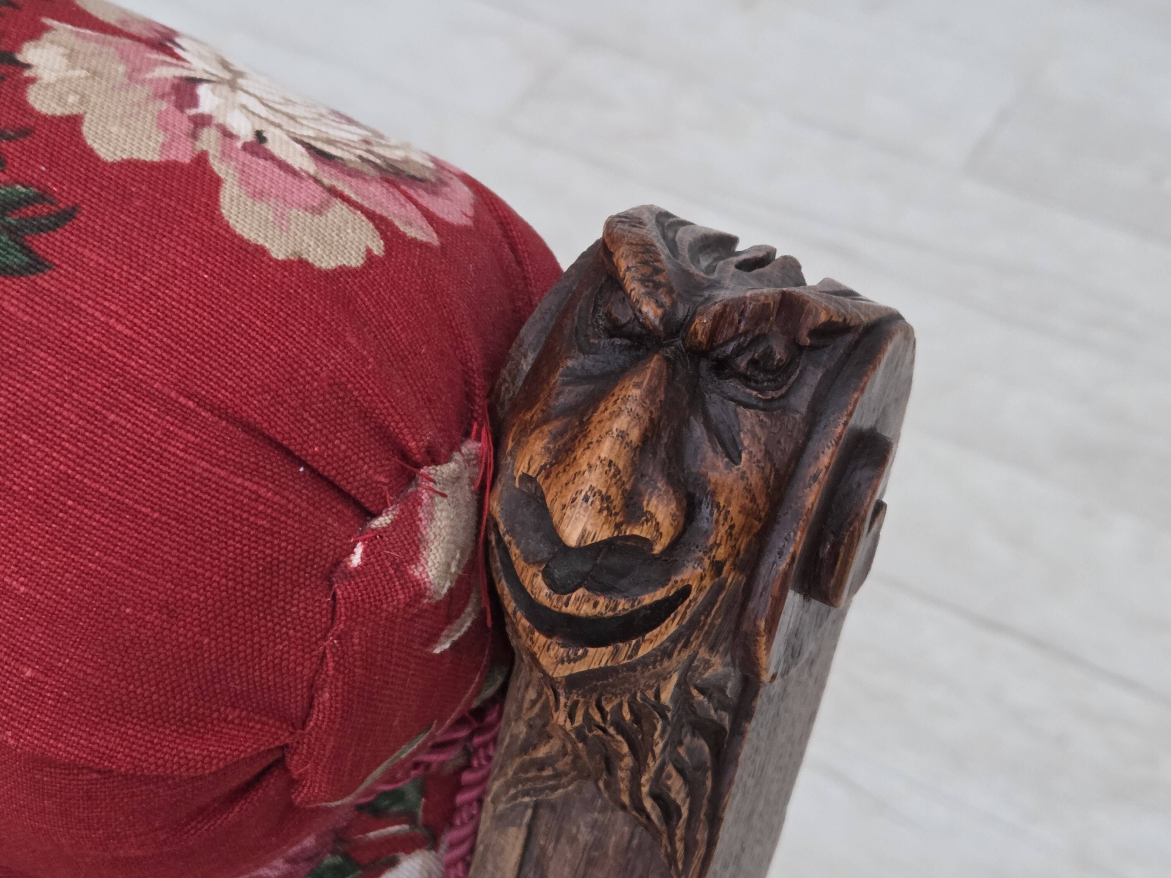 1920-30s, Danish armchair, furniture cotton fabric, hand carved oak wood.