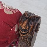 1920-30s, Danish armchair, furniture cotton fabric, hand carved oak wood.