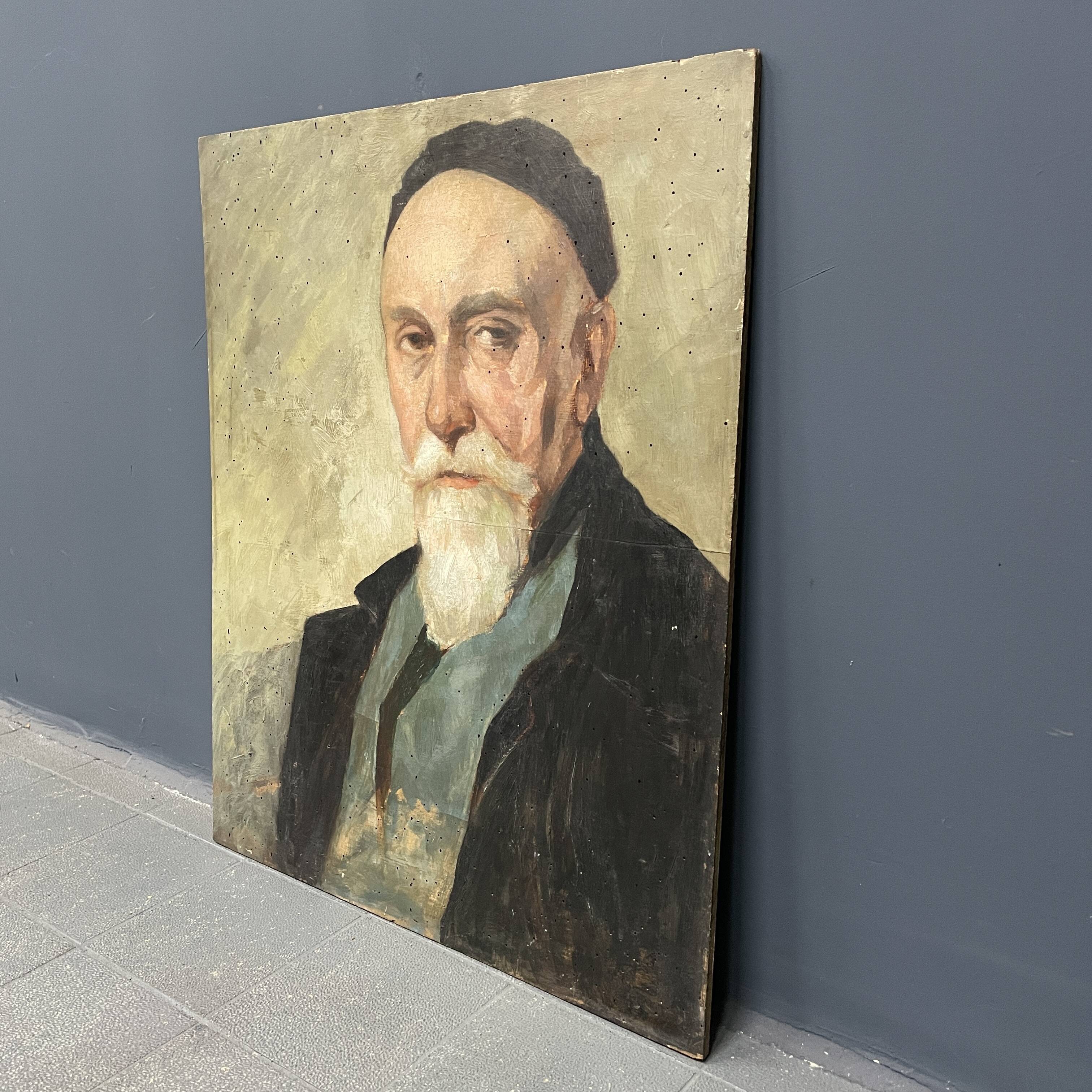 Old portrait of man painted on wooden panel