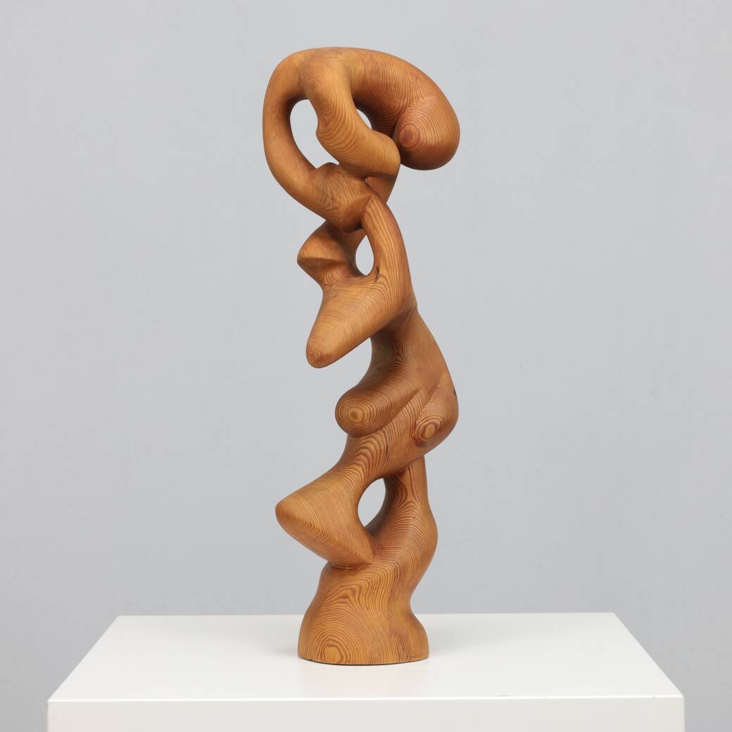 Hand-carved organic sculpture in solid pinewood, 1977