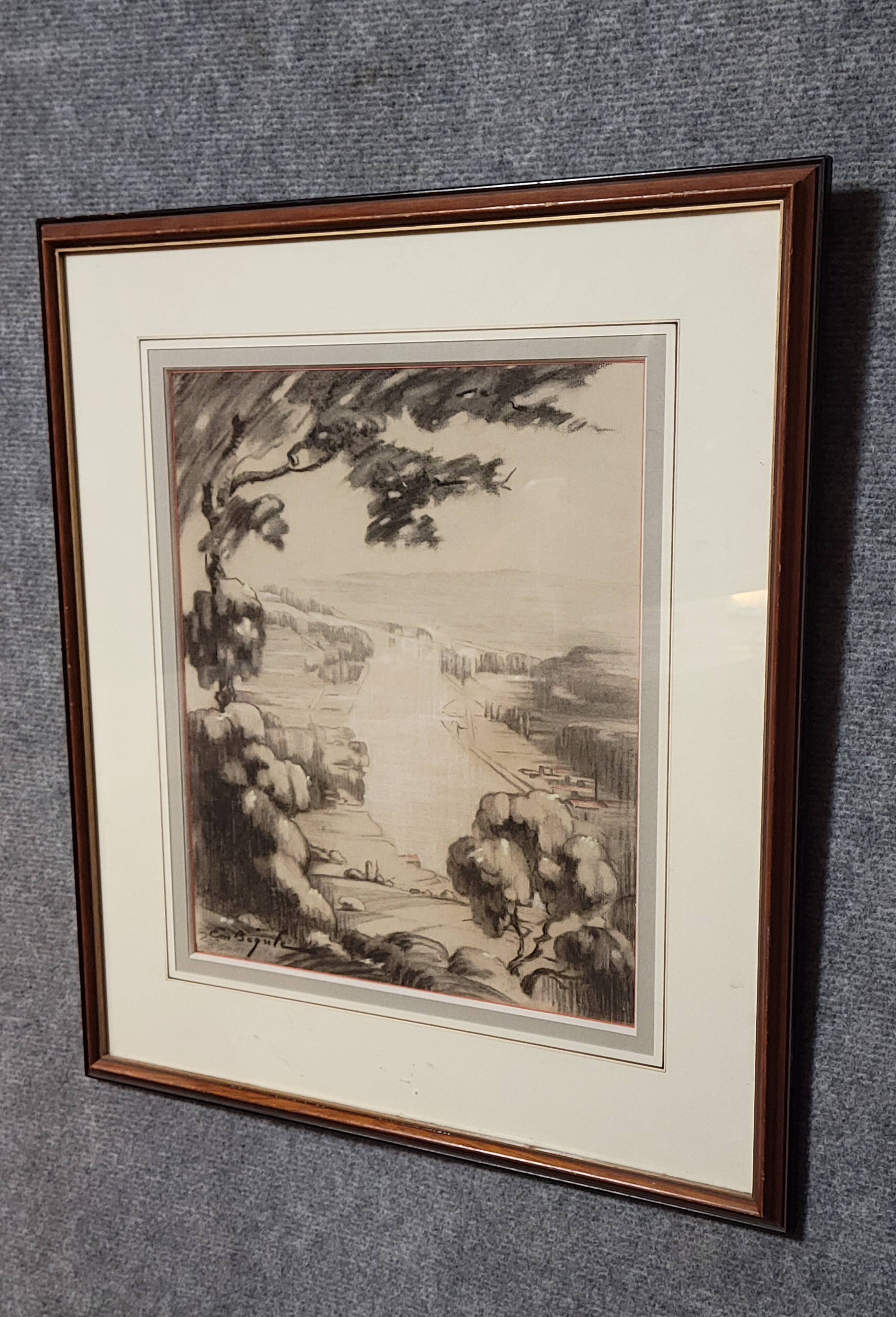 A very beautiful old drawing depicting a hilly landscape rendered in graphite.