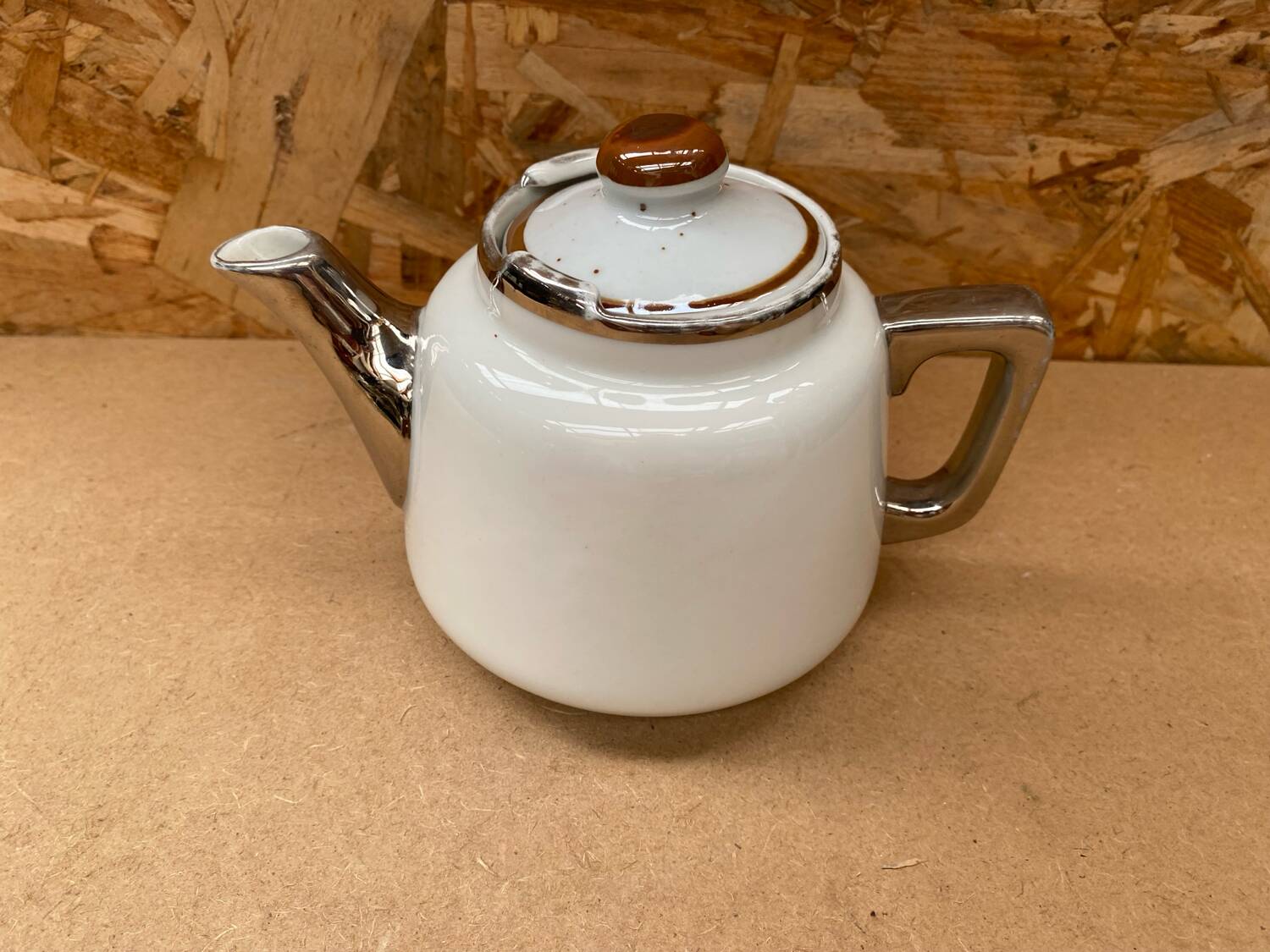 Antique aluminite teapot frugier white & silver ceramic vintage