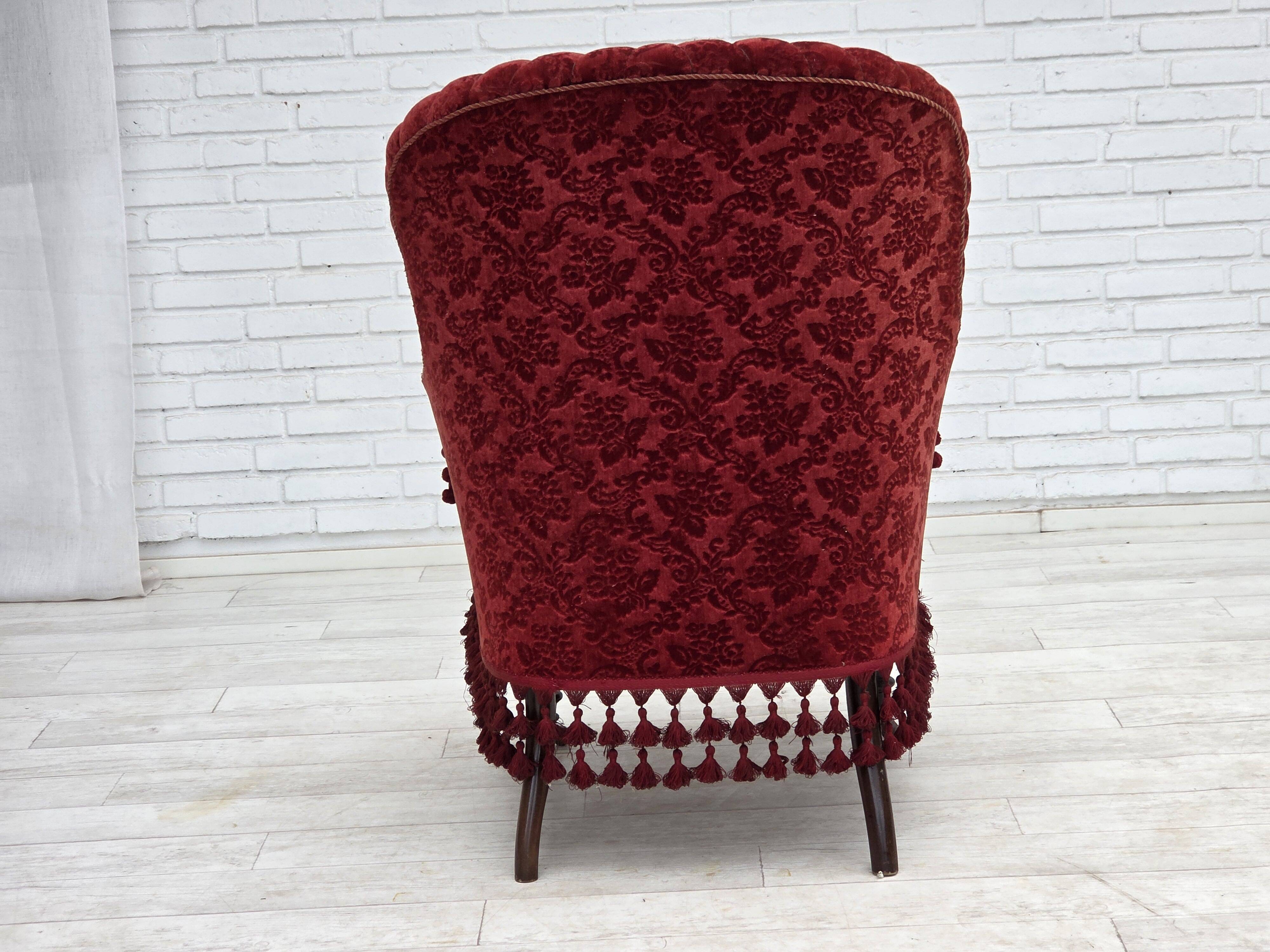 1950s, Danish highback armchair, furniture velour, beech wood legs.