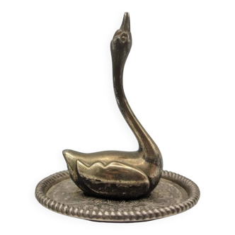 Swan ring holder in silver metal and floral pattern, 1960s