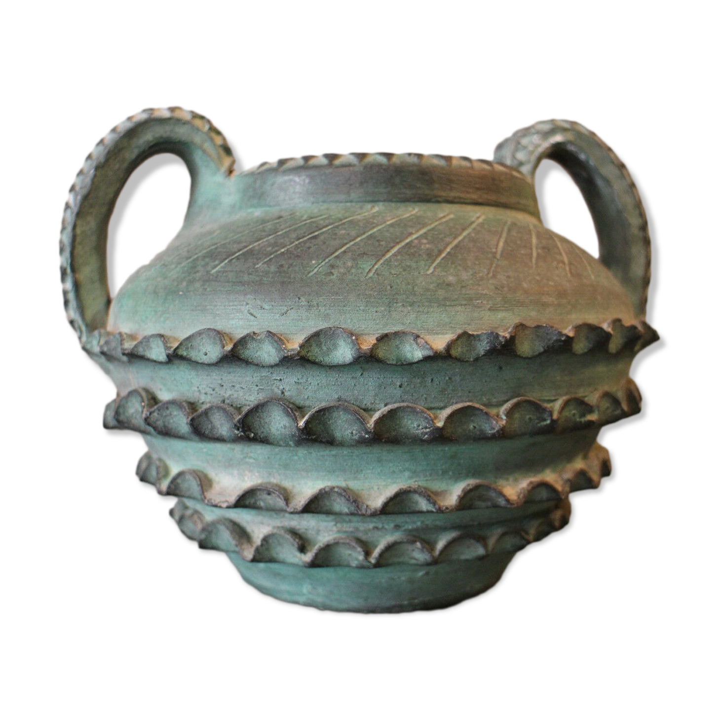 Terracotta vase with ceramic bronze green patina vase
